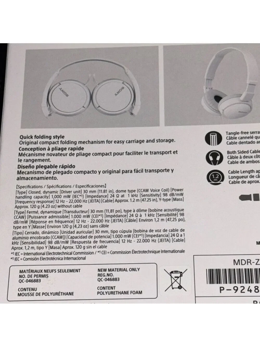 Sony White Foldable MDR-ZX110 Headphones